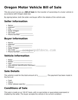 Printable Oregon Motor Vehicle Bill of Sale Document