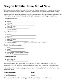 Printable Oregon Mobile Home Bill of Sale Document