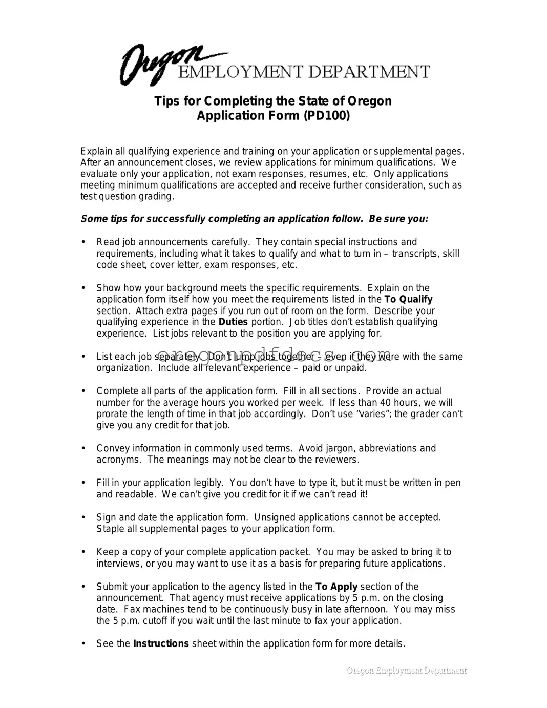 Free State Of Oregon Jobs Form