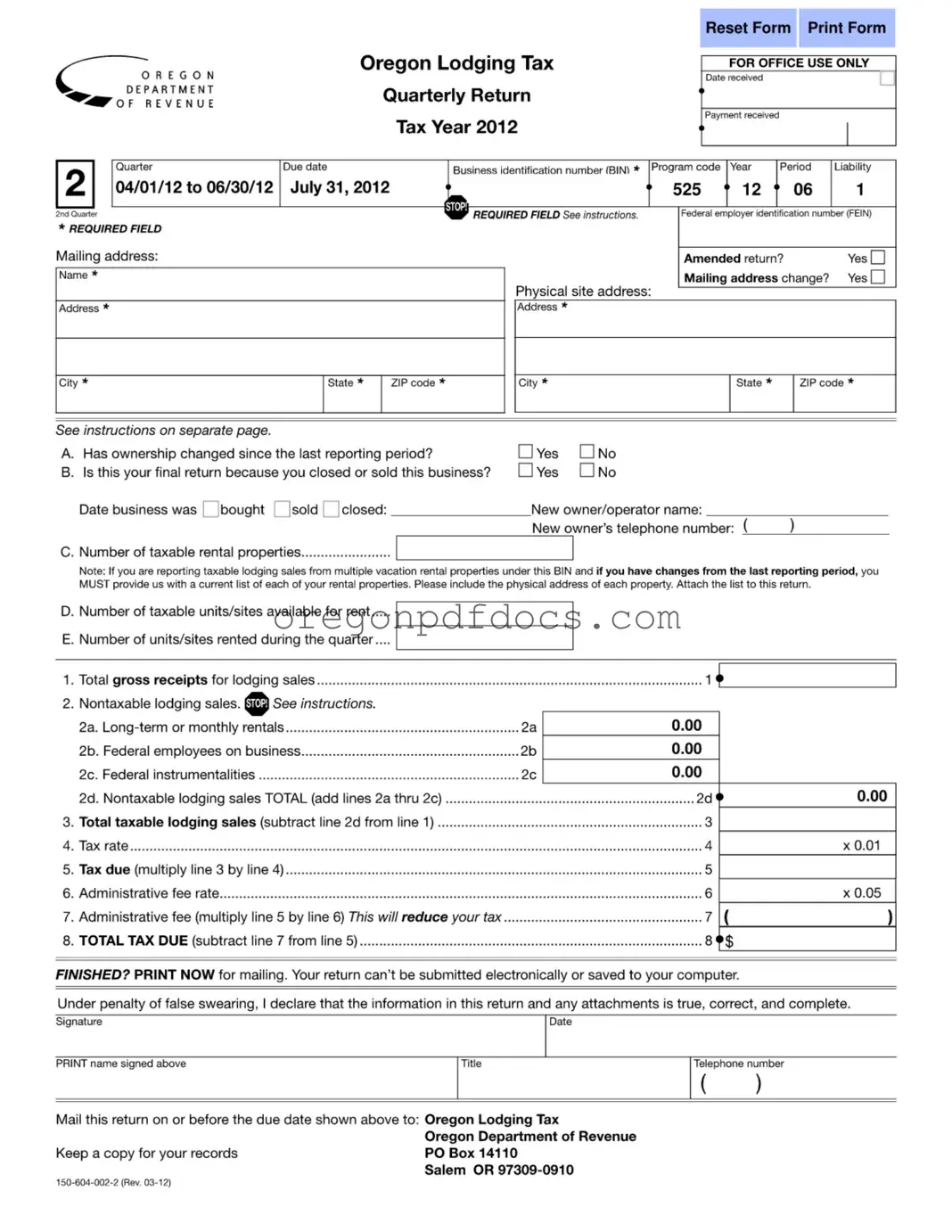 Free State Of Oregon Lodging Tax Form